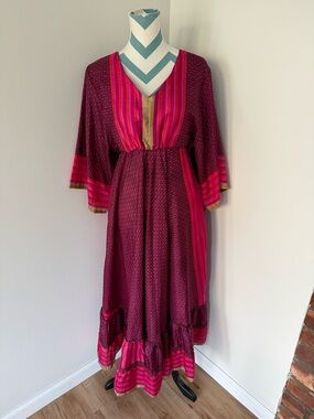 Women's Maxi Dress in Berry Pink with Gold Trim